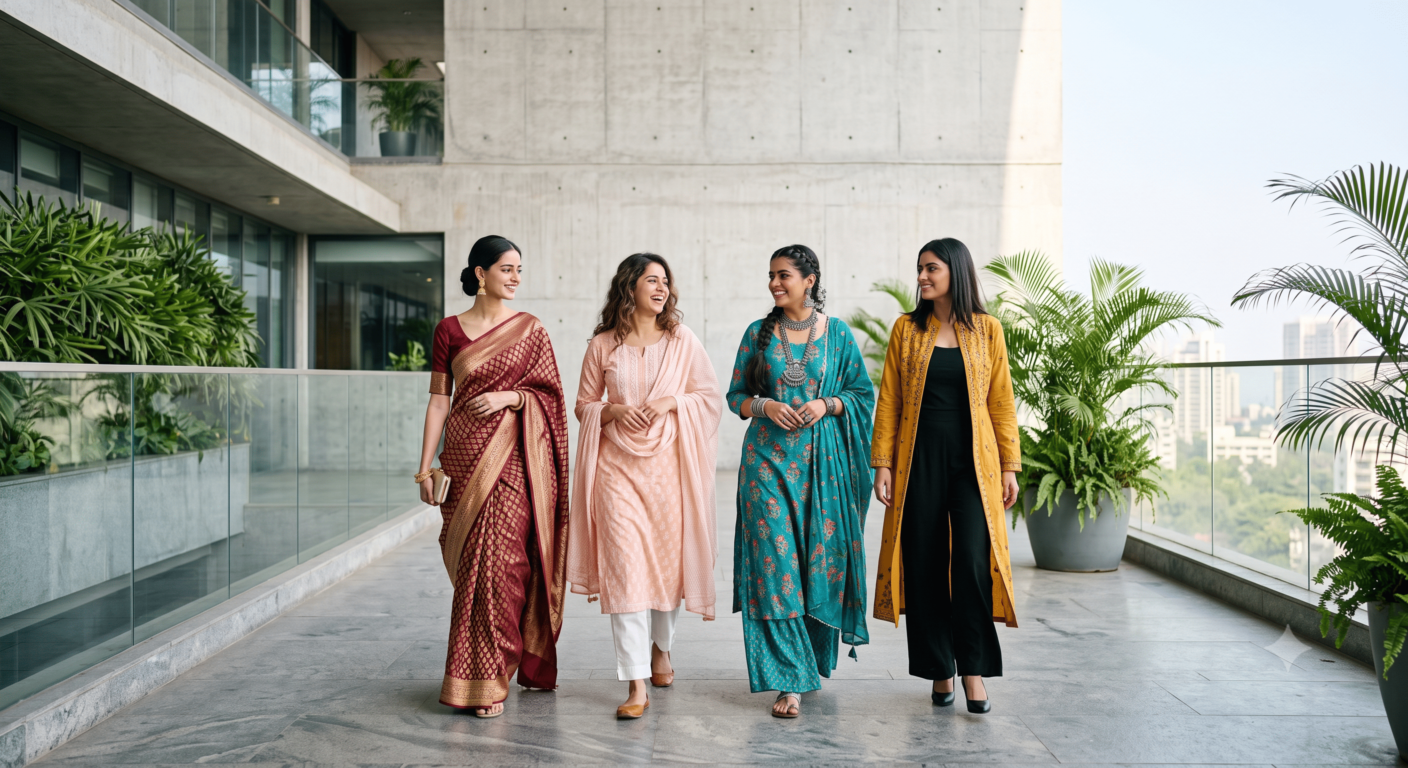 Four Indian women wearing elegant ethnic outfits including a saree, cotton kurta set, salwar suit, and Indo-western ensemble in a modern outdoor setting.